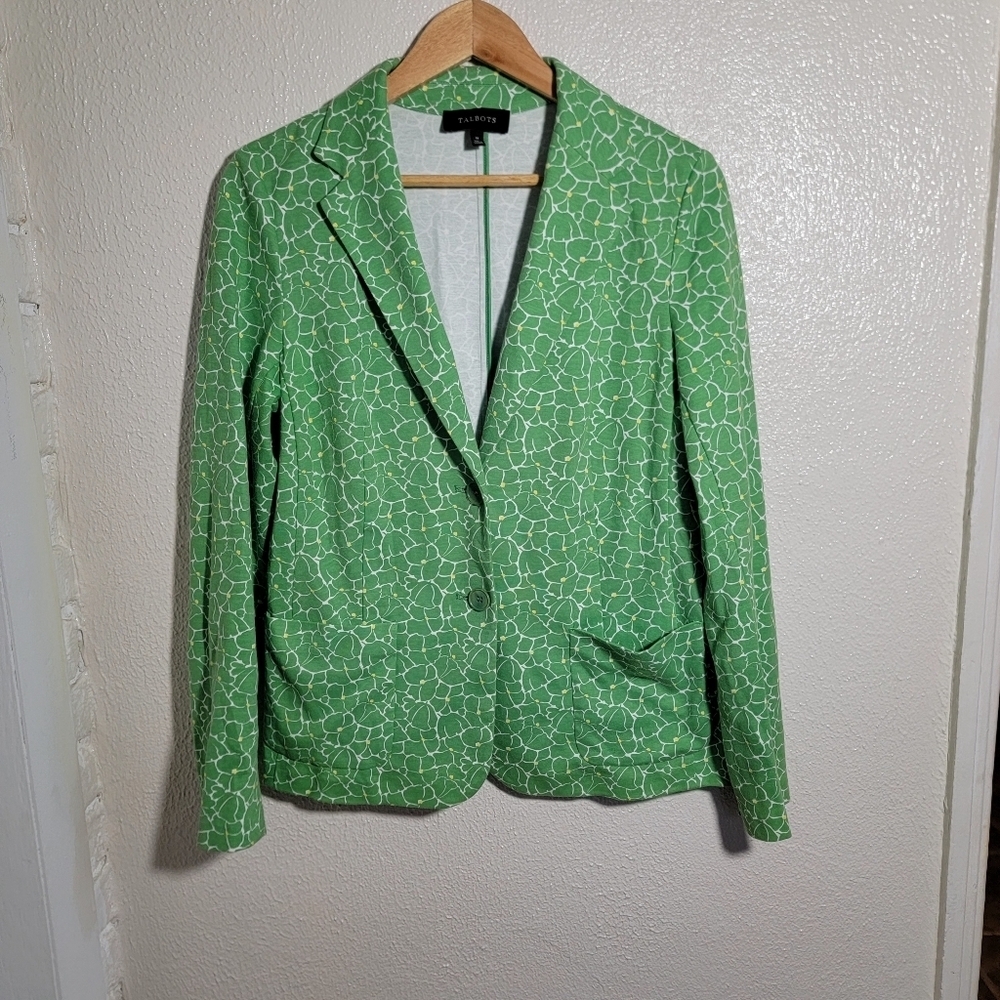 Talbots Ponte Knit Floral Two-Button Blazer sz M Kelly Green Academia Chic